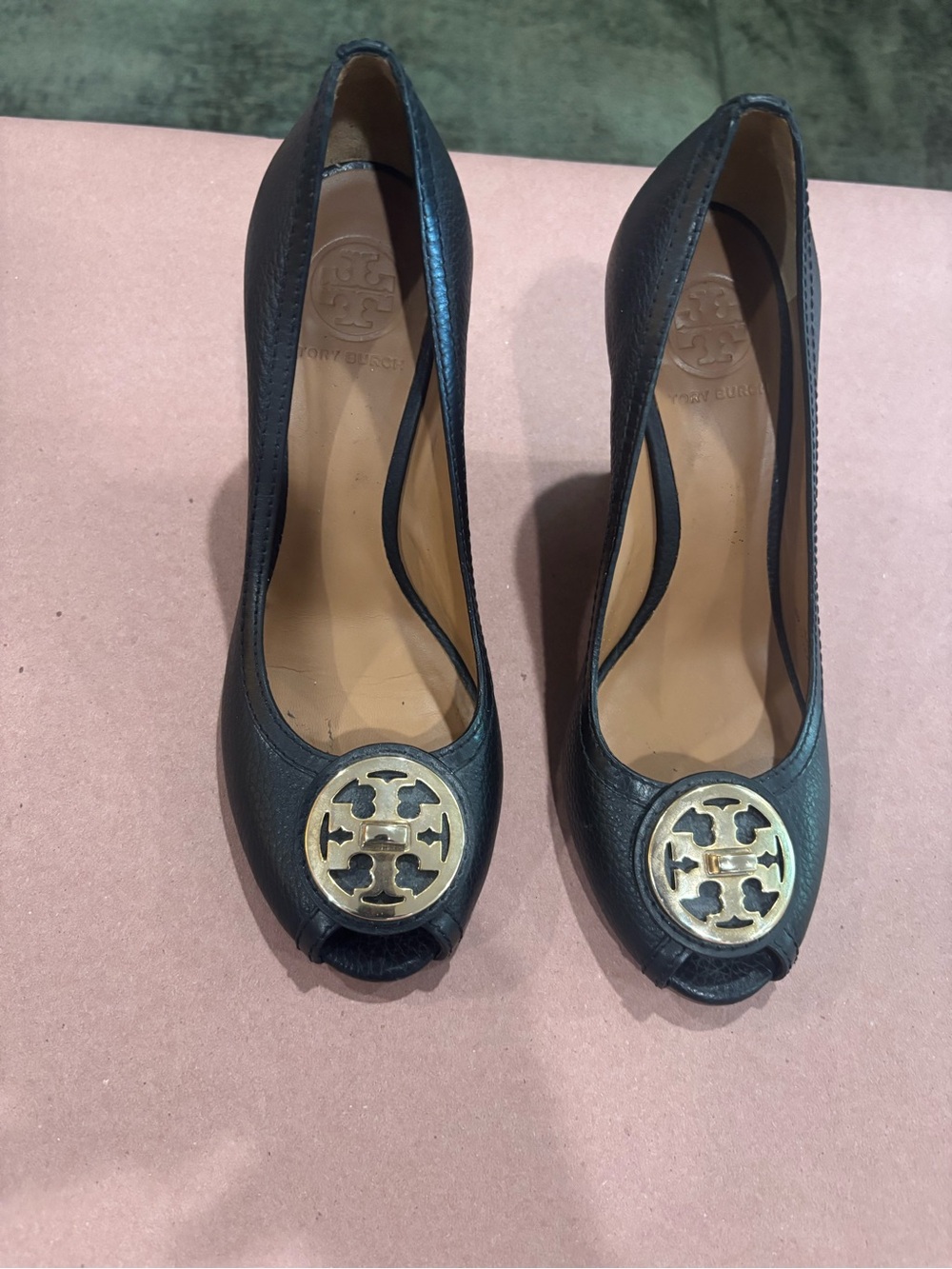 Tory Burch Selma Peep Toe Wedges-Black Pebbled Leather-Gold Logo Medallion 8M